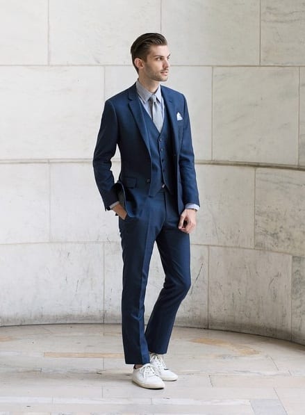 blue suit with sneakers