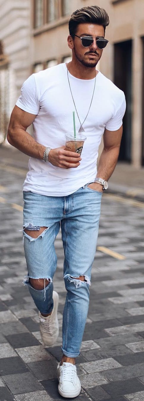 white ripped jeans outfit mens
