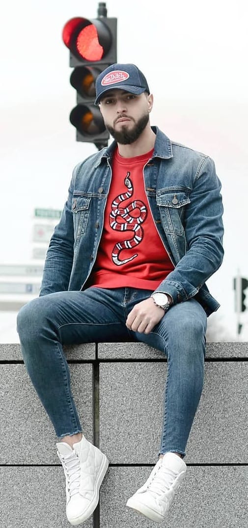 red shirt with denim jacket