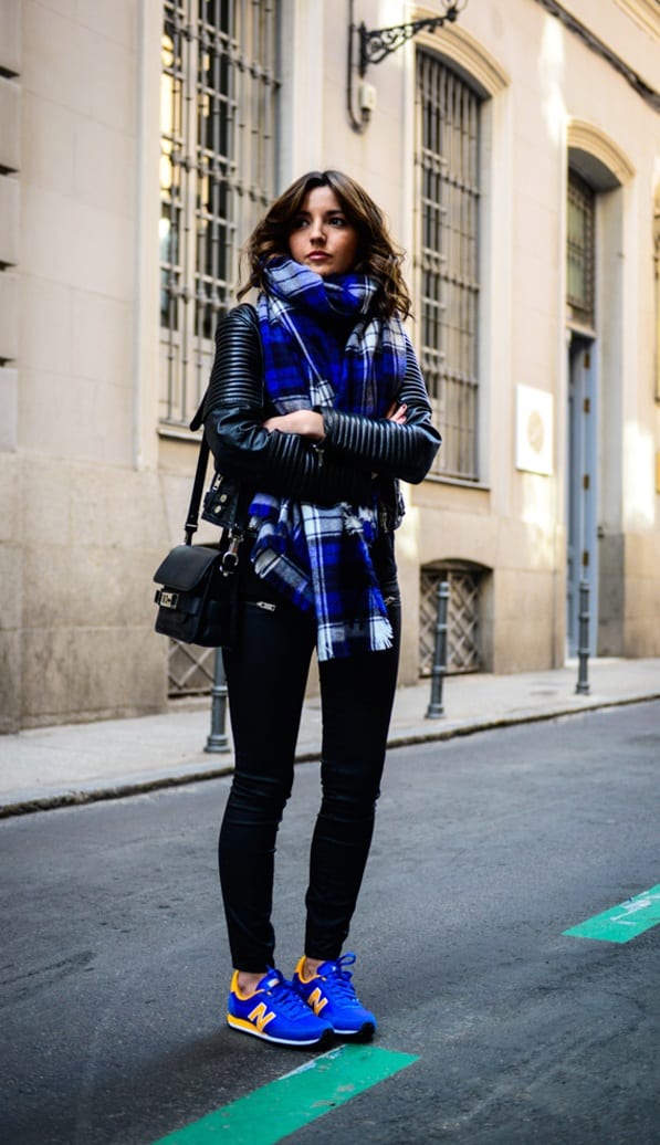 Cobalt-Blue-Sneakers-Black-Leggings-Black-Jacket-Scarf-Outfit -  Theunstitchd Women's Fashion Blog