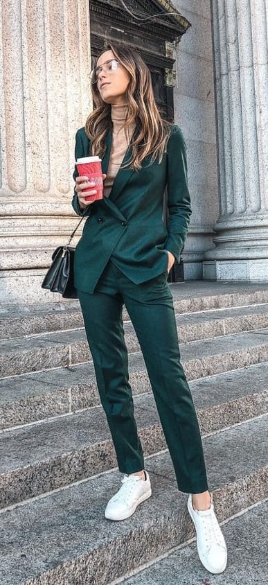 White-Sneakers-Green-Suit-Beige-Turtleneck-Outfit-for-Women - Theunstitchd  Women's Fashion Blog