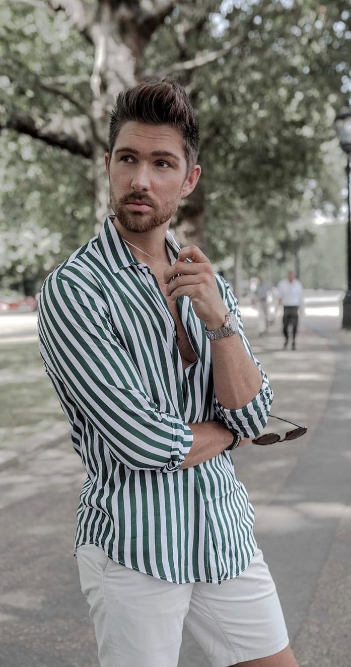 Green Striped Shirt Mens Outfit - artikel-alquds
