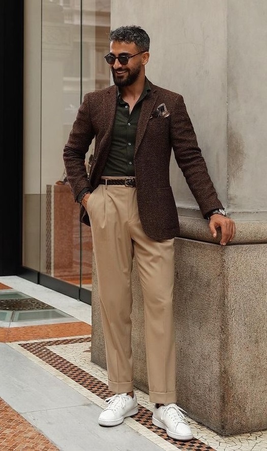 Brown Jacket with Beige Trousers