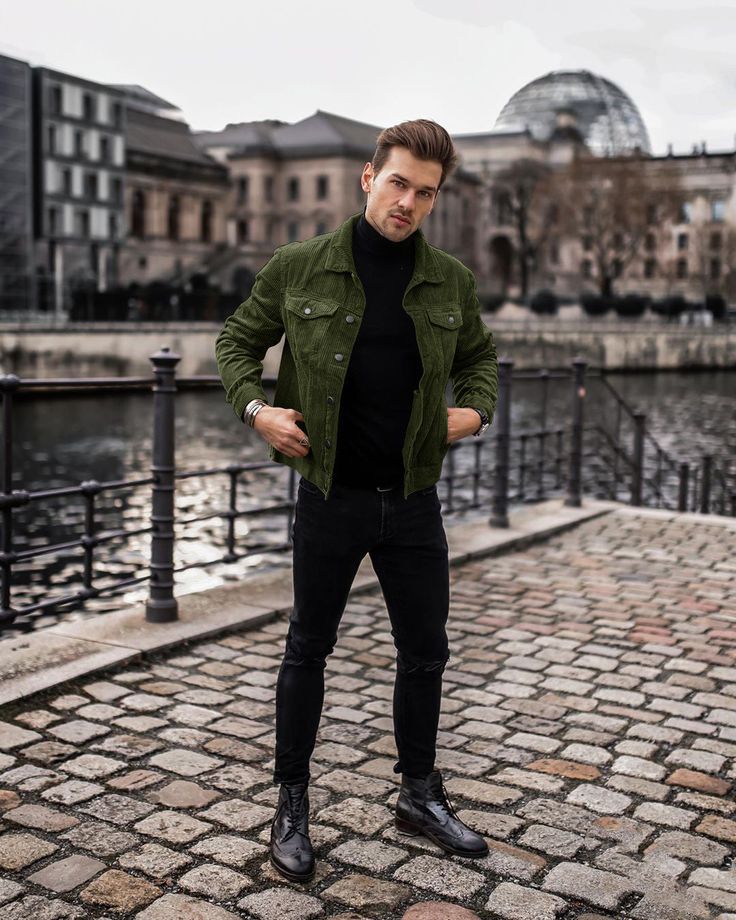 Green jacket black jeans best sale