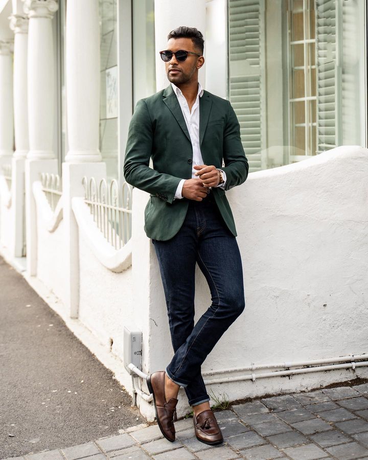 Green Blazer With White Shirt and Dark Jeans